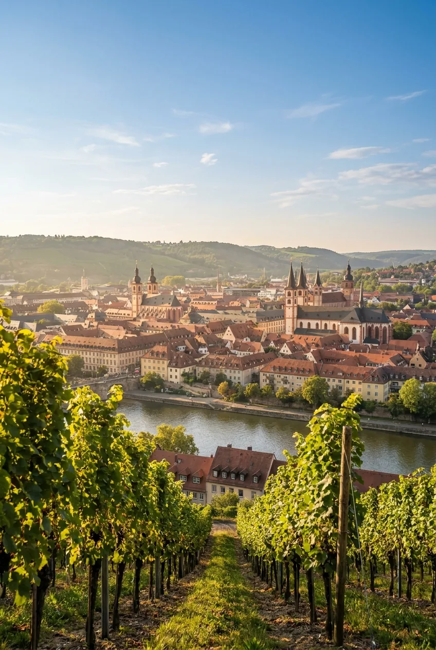 Blick über die Altstadt von Würzburg mit Kirchtürmen, dem Main und den Weinbergen