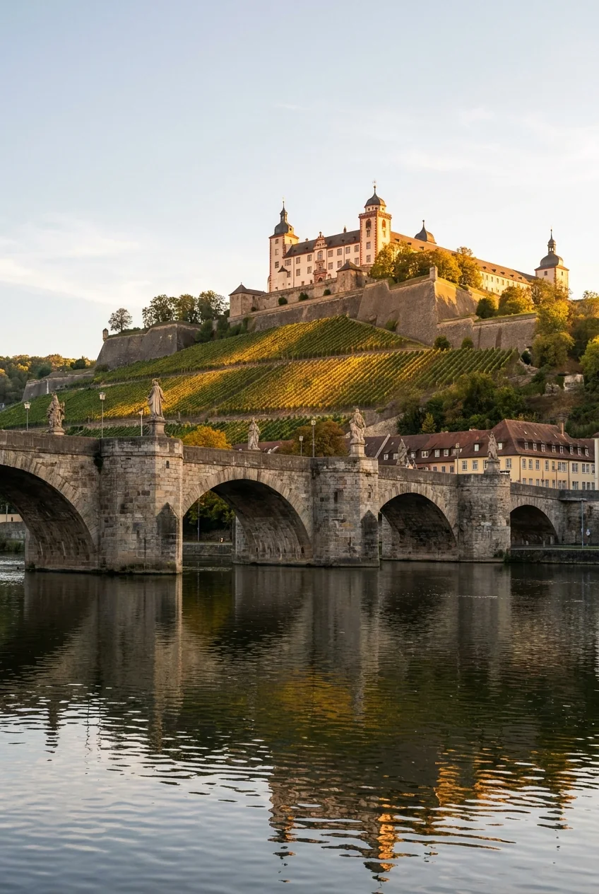 Alte Mainbrücke in Würzburg mit Blick auf die Festung Marienberg und die Weinberge