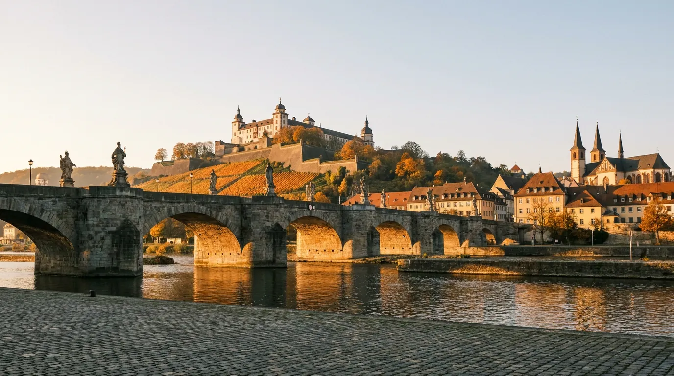 Alte Mainbrücke in Würzburg mit Blick auf die Festung Marienberg und die Weinberge